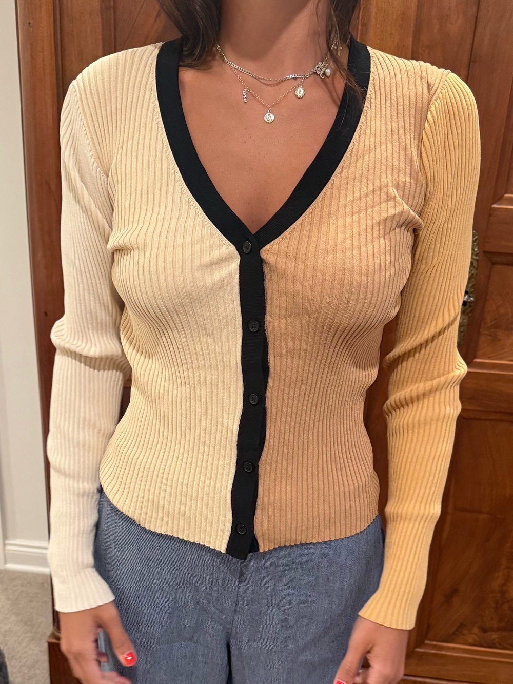 STAUD Two-Tone Ribbed V-Neck Cardigan in Cream & Yellow with Black Trim